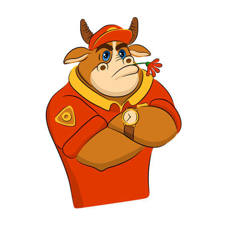 Cartoon stern bull or ox wearing a red t-shirt and a cap with flower. Vector illustration of funny animal. Symbol of 2021. Isolated on white.のイラスト素材