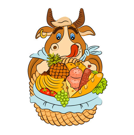 Cartoon licking bull with a basket of groceries. Vector illustration of funny animal. Symbol of 2021. Isolated on white.のイラスト素材