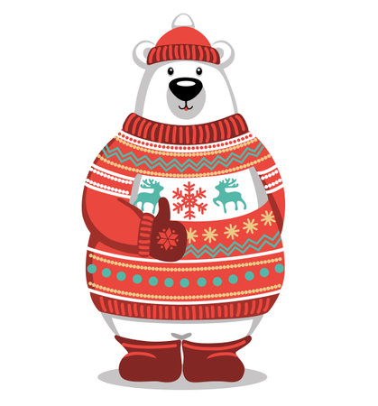 Cute cartoon Bear wearing colorful winter sweater and showing like. Vector illustration drawing in flat style.のイラスト素材