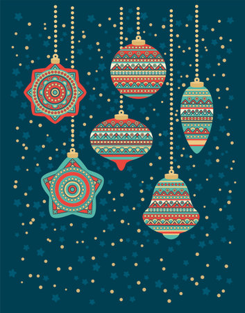Christmas card with hanging Christmas decorations of different shapes in ethnic style. Vintage holiday card. Vector illustration in flat styleのイラスト素材