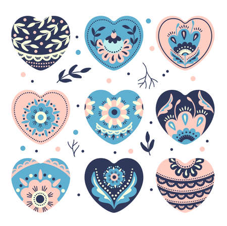 Romantic set of hearts with flowers and leaves drawing in ethnic style. Pastel colors. Valentine's Day concept. Vector illustration isolated on a white backgroundのイラスト素材