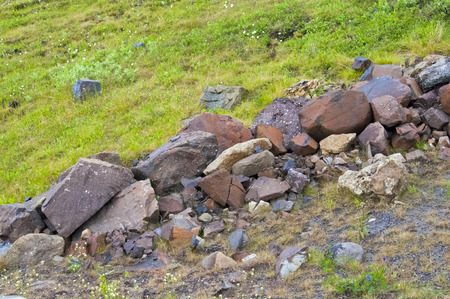 Contrast background, bright juicy grass and large rough stonesの写真素材