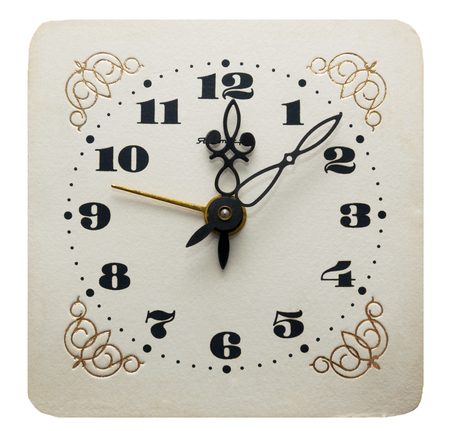 Close-up of clock face with curly white arrow on a white backgroundの写真素材