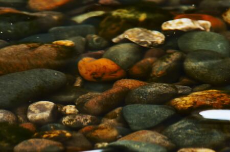 bright colors of river pebble under waterの写真素材