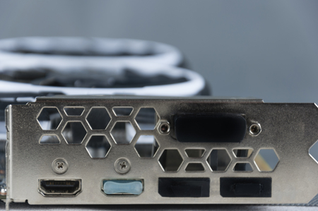 Close - up of a video card with two fans, computer equipment.