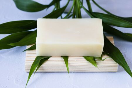 Bar of natural herbal soap on green tropical leaf on gray stone background close up eco friendly zero wasteの写真素材