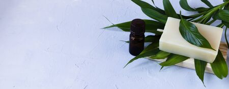 Bar of natural herbal soap and essential oil on green tropical leaf on gray stone background close...