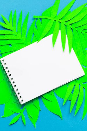Concept hello summer. Notepad on palm tree leaves. Paper art. Top view background. Flat lay. copyspace. Empty. Vertical layoutの写真素材