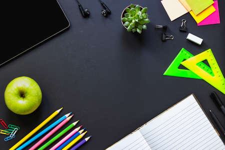 Work place, back to school, colorful stationery and supplies. Mockup, top view.の写真素材