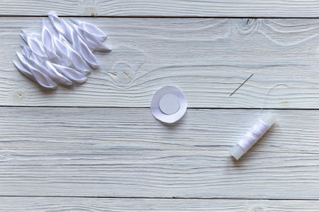 Step by step instruction. How make diy flowers from ribbon for design at home.の写真素材