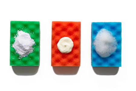 Choice of cleaning agent for household home cleaning multicolor sponges on white background. Cleaning home concept.の写真素材