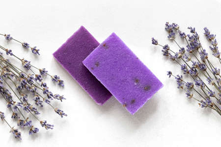 Natural lavender handcraft soap flat lay.の写真素材