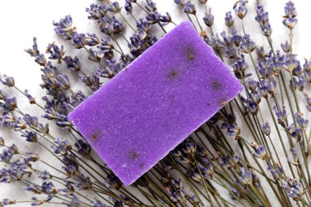 Natural lavender handcraft soap close up flat lay.の写真素材