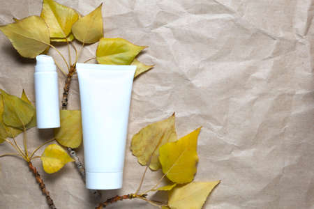 Autumn self care.Tube skin face hand or body cream on craft paper background and yellow fall leaves flat lay.の写真素材