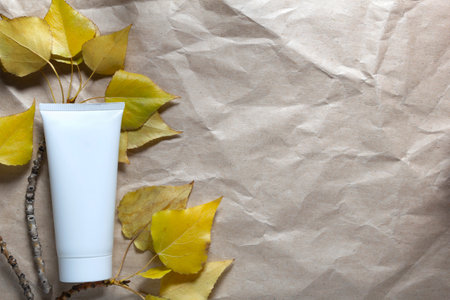 Autumn self care. Tube skin face hand or body cream on craft paper background and yellow fall leaves with copy space.の写真素材