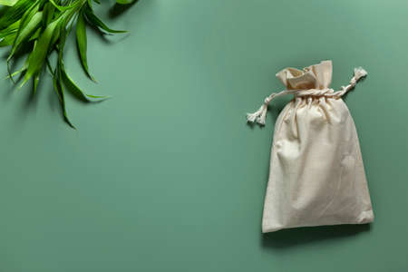 Cotton reusable bag bamboo on green background. Eco-friendly zero waste concept.の写真素材