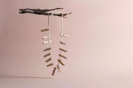 Wooden clothes pins on rope on pastel pink background. Eco friendly household. Flying object,...