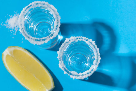 Shooters glass of tequila for two persons on blue background with salt and lemon. Concept party. Flatlay, top viewの写真素材