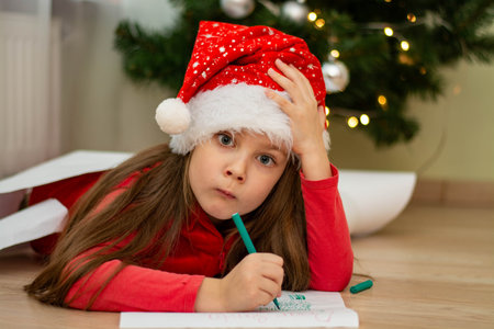 Portrait of a girl. Cute little baby girl in a red Santa hat, writing a letter to Santa Claus near the Christmas tree indoors. The new year is 2021.の写真素材