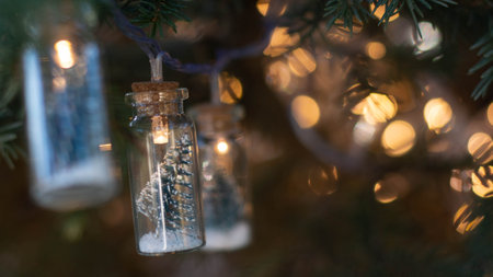 Christmas garland on the branches of a fir tree, with a side of lights. A festive tradition. Selective focus.の写真素材