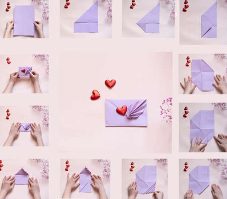 DIY concept. Step 1-12. Step by step photo instructions. A postcard with a flower for Valentine's...
