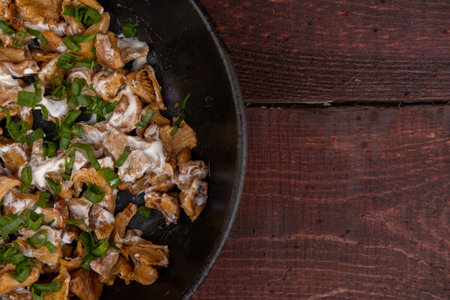 French-fried chanterelle mushrooms with onions and sour cream in a frying pan on a dark wooden background, garlic, onion and parsley and dill greens are laid out next to each other.の写真素材