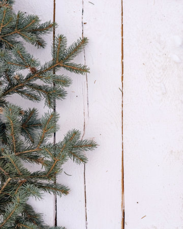 Christmas white wooden background with fir branches and glowing lights garlands. Snow in the background and spruce branches. A place for a text, a Christmas card.の写真素材