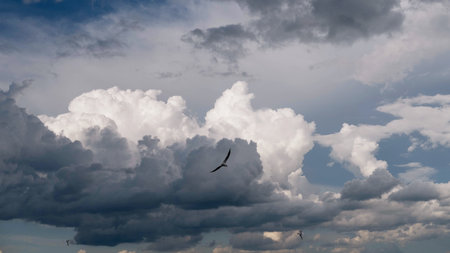 Panorama of the lake before the rain. Thunderclouds over the lake. Siberia, Khakassia, Russia.の写真素材