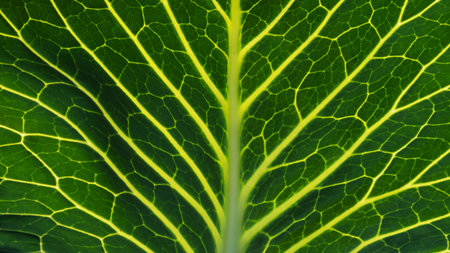 Close-up of the background. A green cabbage leaf illuminated with streaks illuminated from the...