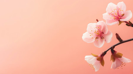 Almond sprig in minimalist style, on peach background, with space for text, banner. Spring postcard.の写真素材