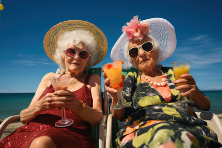 Two senior women drinking cocktails on a deckchair at the beach.の素材