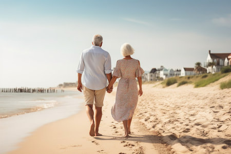Back view of couple senior walking on beach. Elderly man and woman holding hands and looking at sea.の素材