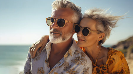 Portrait of a happy mature couple in sunglasses on the beach.の素材