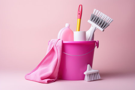 A pink bucket with cleaning supplies, with a sponge for washing dishes, rubber protective gloves, brushes and cleaning agent, a rag, on a pink background. The concept of cleaning the house.の写真素材