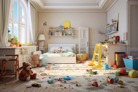 A childrens room littered with toys before cleaning. A mess with toys scattered on the floor, the interior of a childrens roomの写真素材