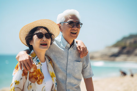 close up of asian elderly carefree couple standing on the beach and smiling at you happily in sunset background.の素材