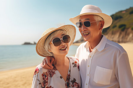 close up of asian elderly carefree couple standing on the beach and smiling at you happily in sunset background.の素材