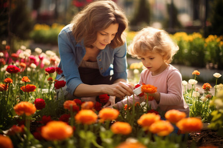 Happy mother and daughter in the garden near the flower bed. Mom shows her daughter plants and flowers. Happiness and harmony in family lifeの素材