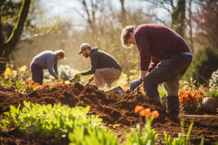 A group of people work in the garden in the spring, dig up the ground, plant trees in the park. The work of eco-activists on landscaping. Environmentの素材