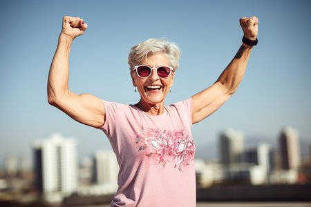An elderly happy woman stands facing the camera against the background of nature, the sea, with her arms outstretched. Relaxation and happiness in harmony with yourself.の素材