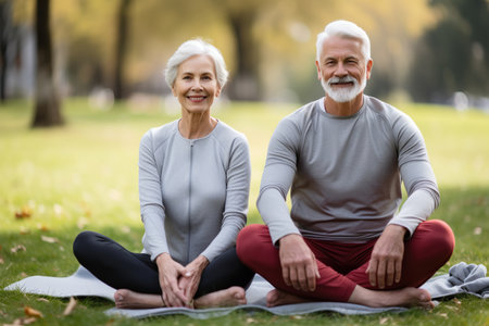 Yoga at park. Senior family couple exercising outdoors. Concept of healthy lifestyleの素材