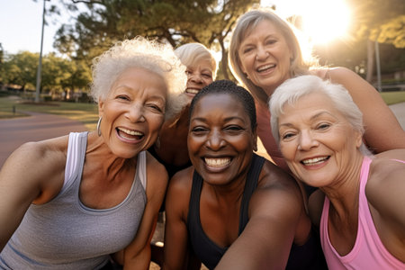 Fit multiracial senior women having fun after yoga class at city park - Elderly female friends taking a selfie while smiling on camera.の素材