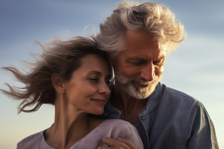Lovely mature and romantic senior couple embrace each other on the seashore looking into each other's eyes, two embraced people stay together expressing love and tendernessの素材