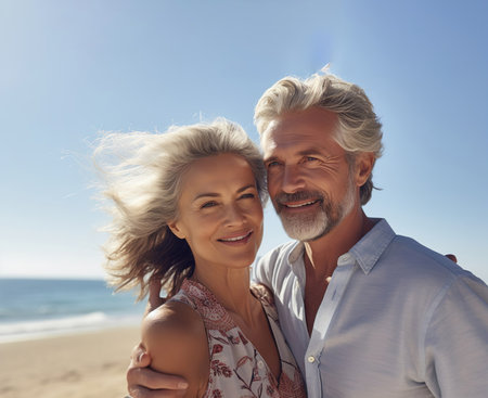 Lovely mature and romantic senior couple embrace each other on the seashore looking into each other's eyes, two embraced people stay together expressing love and tendernessの素材
