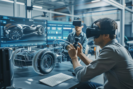 Automotive Engineer Wearing VR Headset Working on 3D Electric Car Prototype, Using Gestures in Augmented Reality. Designs and Manipulates Graphical Parts, Picks Body for the Chassis and Engineの素材