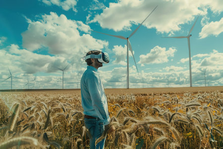 Engineer wearing virtual reality simulator standing in front of wind turbines.の素材