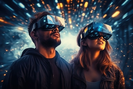 young diverse couple sitting back to back and playing video game, close up photo. isolated blue background, entertainmnet, copy space.の素材