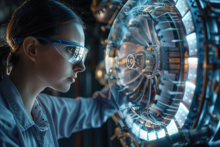 Engine hologram inspection woman analyze holographic image in digital glasses. Closeup futuristic automobile industry specialist checking turbine project designing motor. High tech engineering conceptの素材