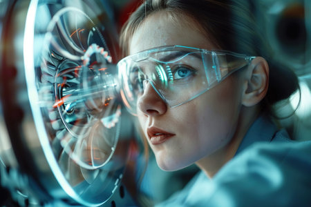 Engine hologram inspection woman analyze holographic image in digital glasses. Closeup futuristic automobile industry specialist checking turbine project designing motor. High tech engineering conceptの素材
