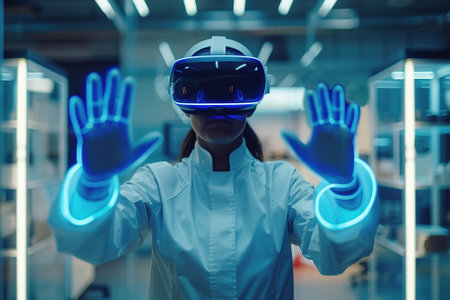 Medical technology concept. Doctor wearing virtual reality glasses to research. Checking data patient result with simulator interface on healthcare network, Innovation in science and medicine.の素材
